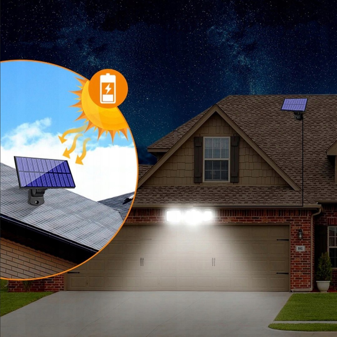Lampa solarna LED z czujnikiem zmierzchu i ruchu – zewnętrzna, ogrodowa, garażowa, trójstronna