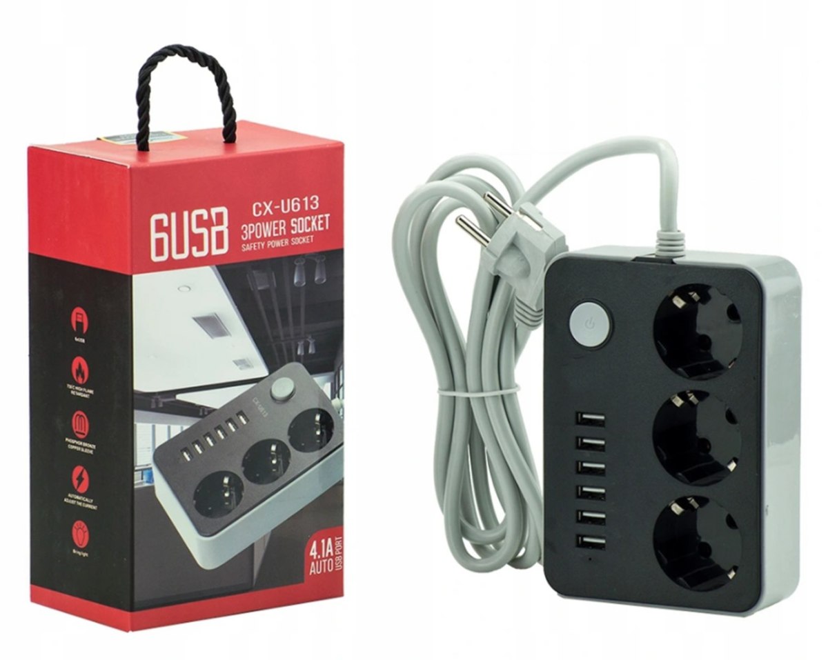 Przedłużacz listwa zasilająca 3 gniazda + 6 portów USB 4.1A – 2500W, 1.8m