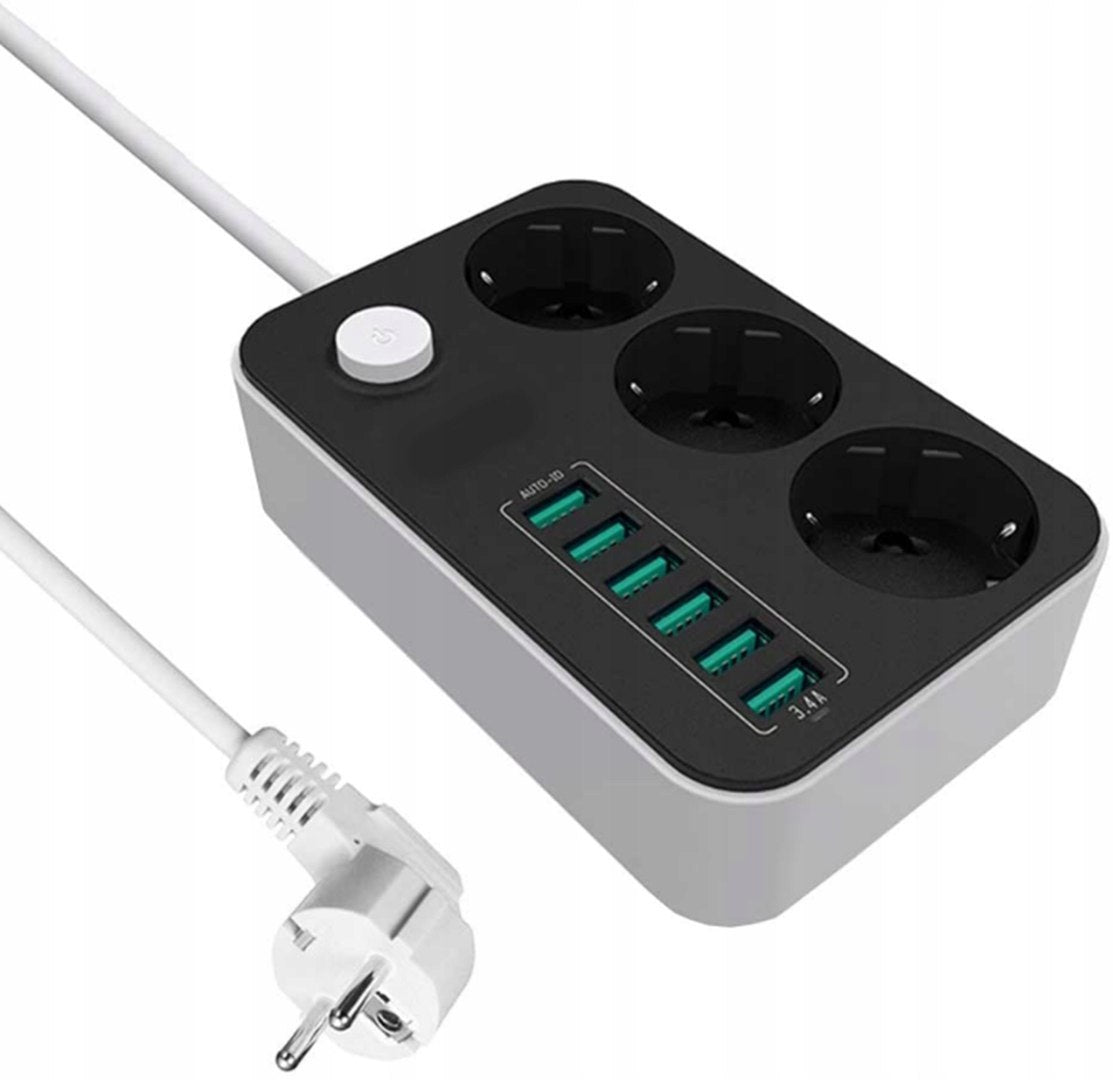 Przedłużacz listwa zasilająca 3 gniazda + 6 portów USB 4.1A – 2500W, 1.8m