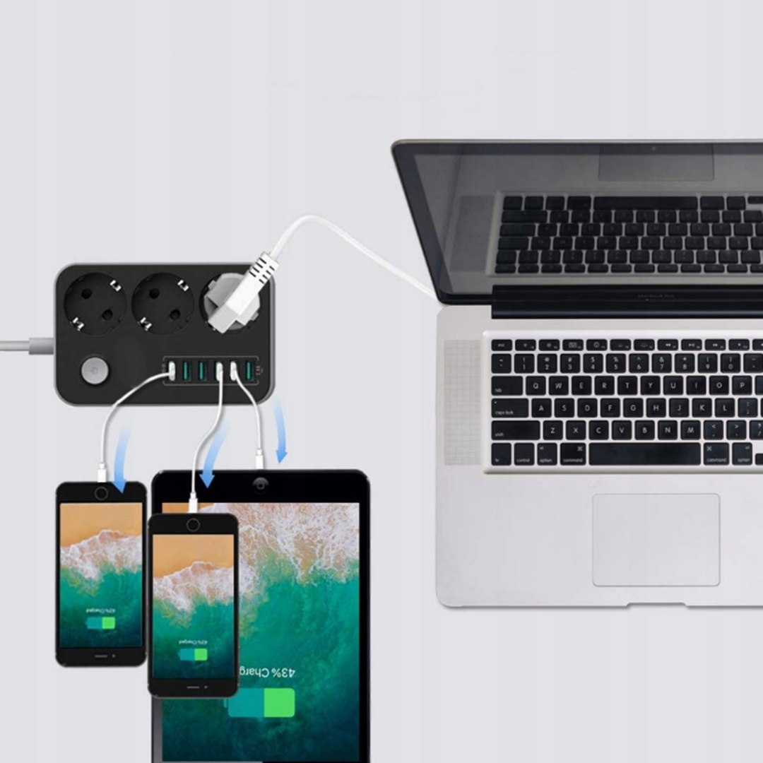 Przedłużacz listwa zasilająca 3 gniazda + 6 portów USB 4.1A – 2500W, 1.8m