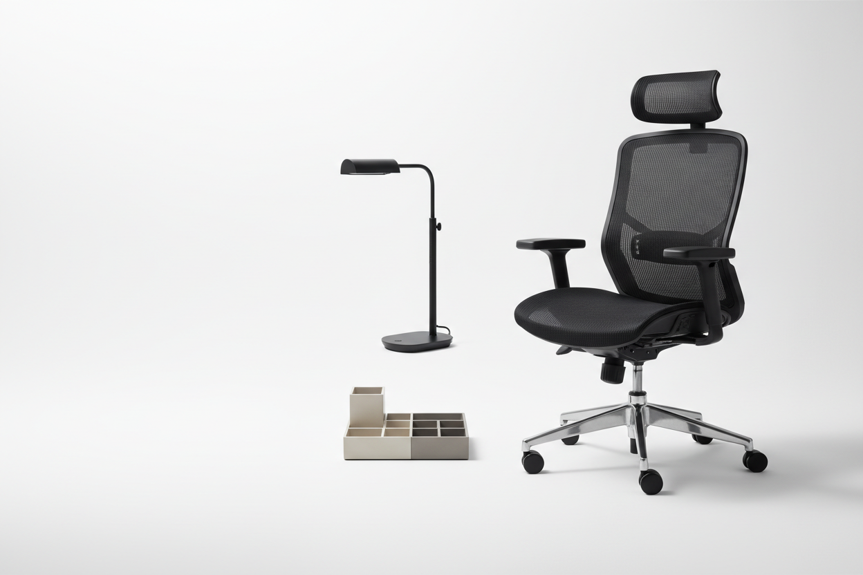 Wide horizontal hero banner for an online home & office store. Clean white background with subtle light grey gradient. On the right side: large cut-out photo of a modern ergonomic office chair, sharp lighting, realistic shadows. Next to it two smaller products arranged vertically: stylish LED desk lamp and minimalist home organizer, also cut-out, high detail, photorealistic, soft shadows. On the left side empty space for text. Modern, clean, premium e-commerce look, high resolution, 1920x800